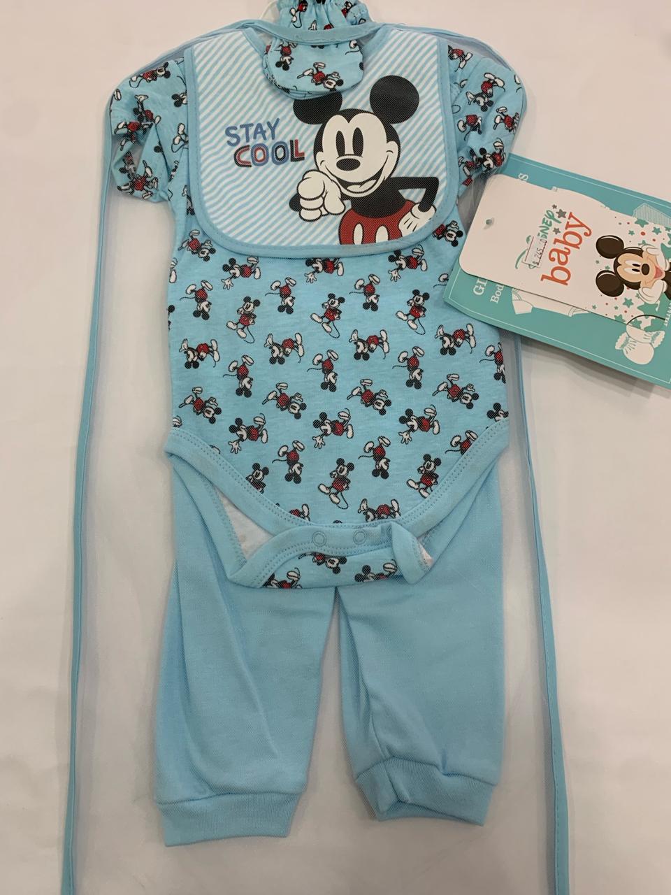 Disney mickey 5pc mitten, bib, onesie, pants & bag